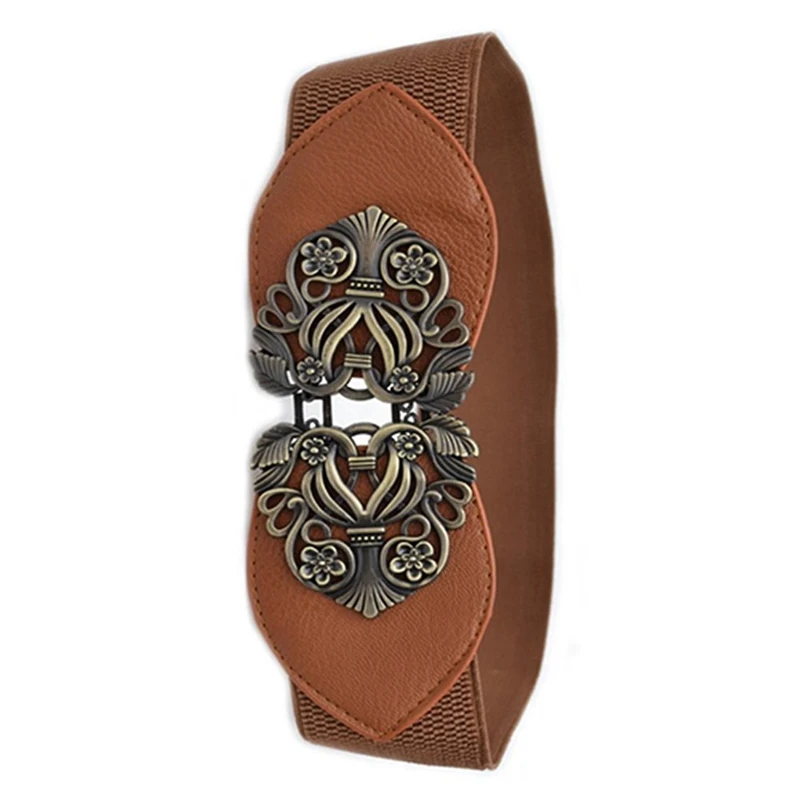 

Women's Retro Flower Elastic Stretch Buckle Wide Waist Belt Waistband (Light tan)
