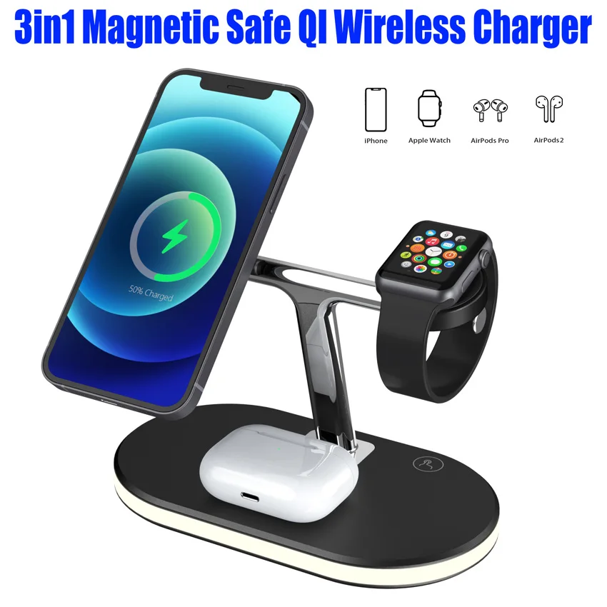 

3in1 Magnetic Safe Wireless Charger For iPhone 12 Pro Max Mini QI 15W Fast Charging Station Chargers for Apple Watch Airpods Pro