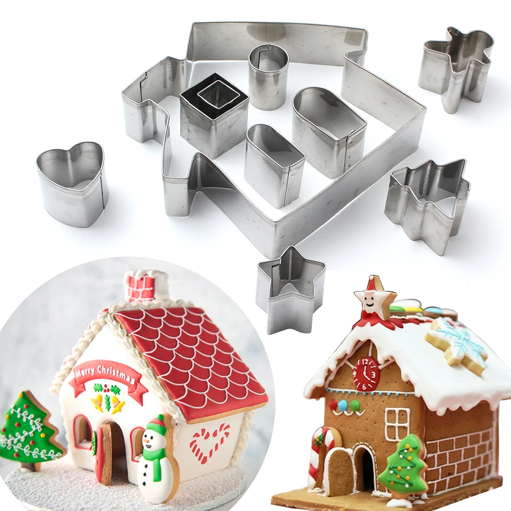 

9pcs/set Christmas Gingerbread House Cookie Cutters 3D Stainless Steel Biscuit Cake Fondant Pastry Cutter Bakeware Set
