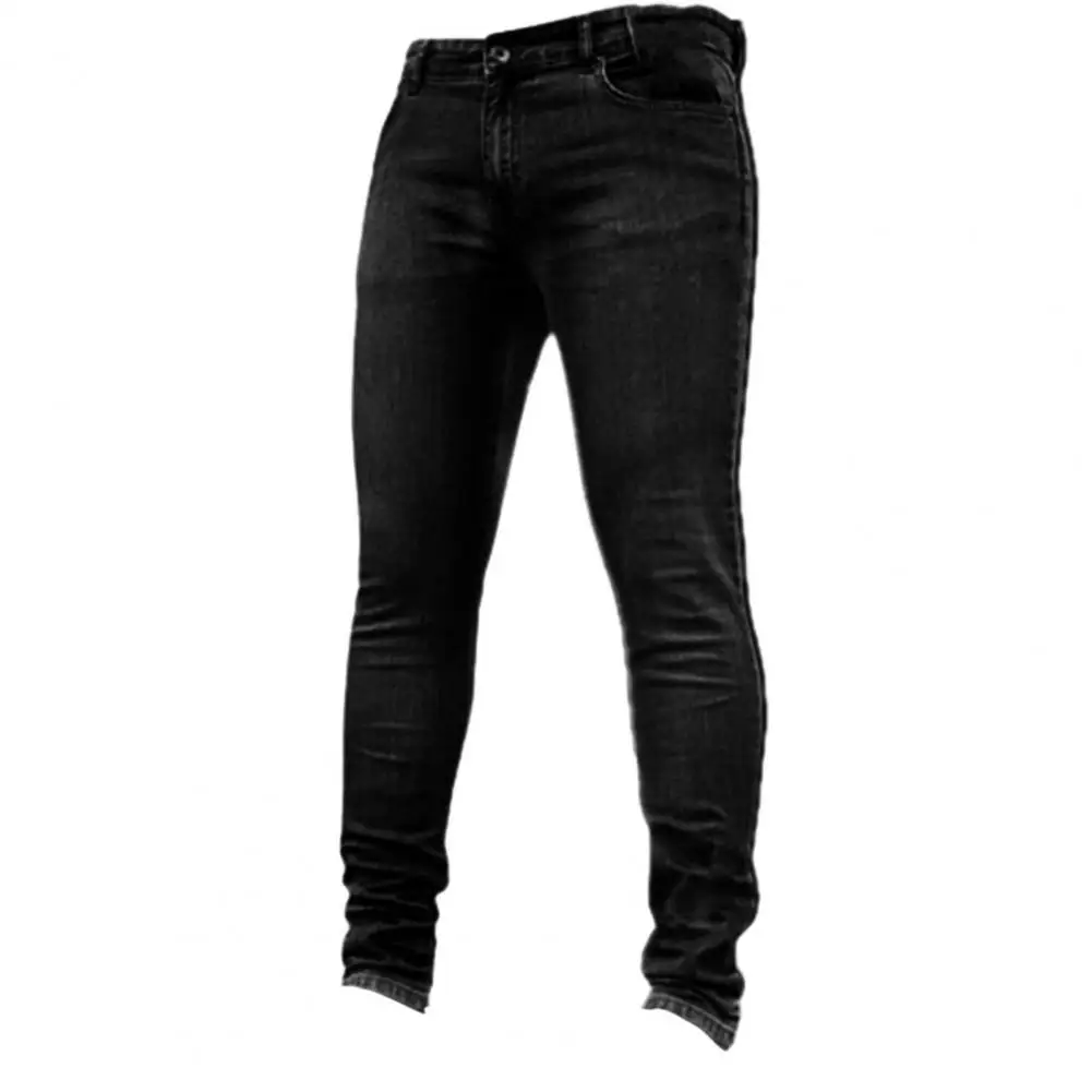

Multi Pockets Men Jeans Black Denim Zipper Closure Stretchy Pencil Jeans for Daily Wear