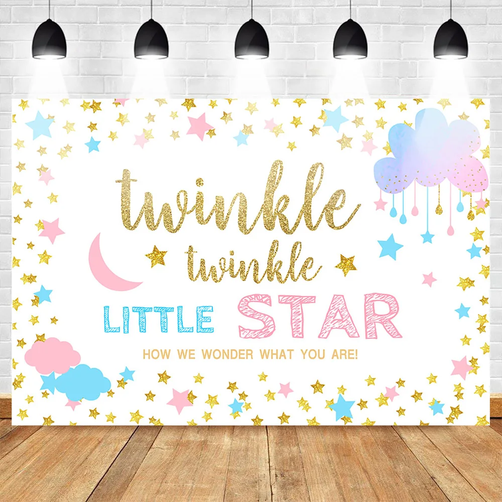 

Mocsicka Twinkle Star Gender Reveal Backdrop Pink or Blue Stars White Background Boy or Girl Gender Reveal Banner Backdrops
