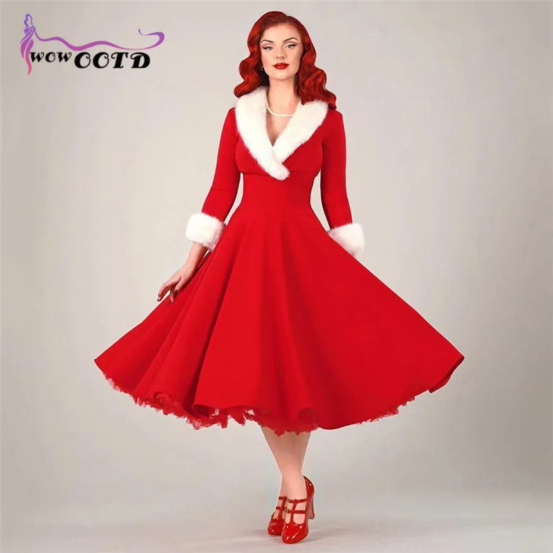 

WOWOOTD Christmas dress Feather Patchwork Long sleeve dress Sexy red Party club dress V-neck wool collar dress wool