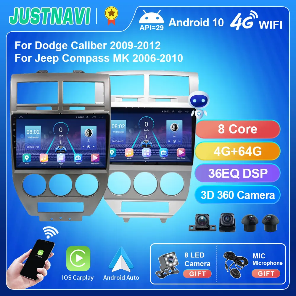 

Автомобильный радиоплеер JUSTNAVI QT5 10 дюймов для Dodge Caliber 2009 - 2012 для Jeep Compass MK 2006 - 2010 Navigator IPS 4G WIFI без DVD