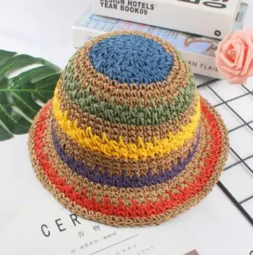1pcs/lot summer Travel Rainbow Color Straw Hat Women Ladies Wide Brim Beach Foldable Straw Sun Hat Sun