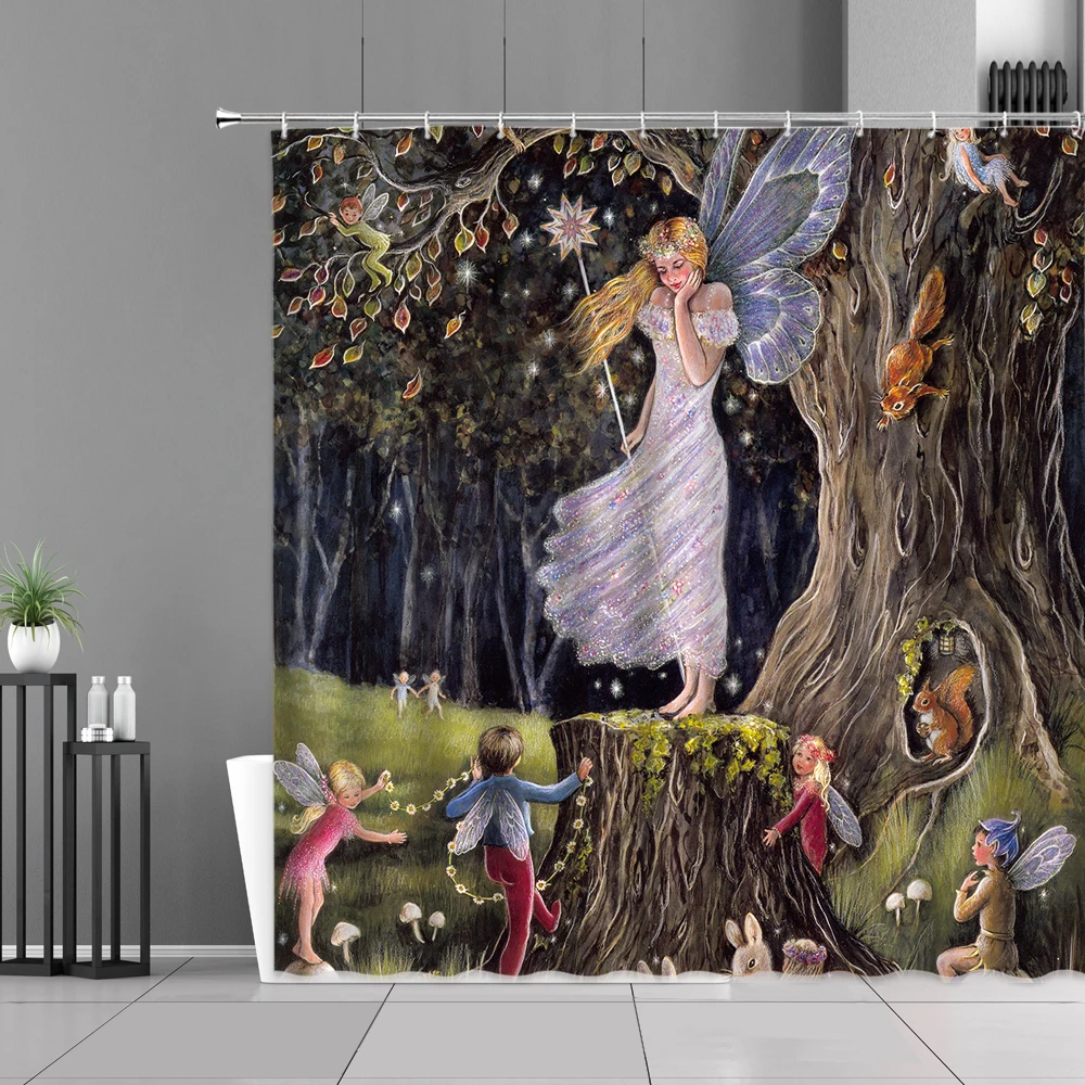 

Angel Genie Girl Shower Curtains Fairy Tale World Dream Forest Landscape Waterproof Bath Curtain Child Room Bathroom Decor Gifts