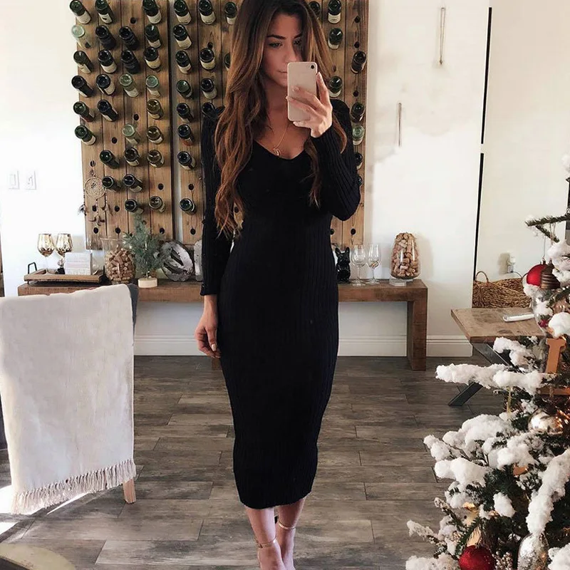 

2021 Forefair Long Sleeve V Neck Bodycon Ribbed Knit Dress Women Autumn Winter Fashion Solid Slim Casual Midi Female Clothing