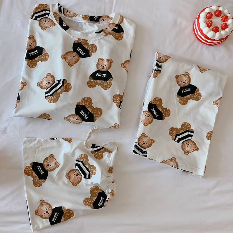 Korean Pajamas Set for Women Sleepdress Cartoon Bear Nightgowns Anime Girls Home Suit Long Sleeve Spring Autumn Pijama Ladies