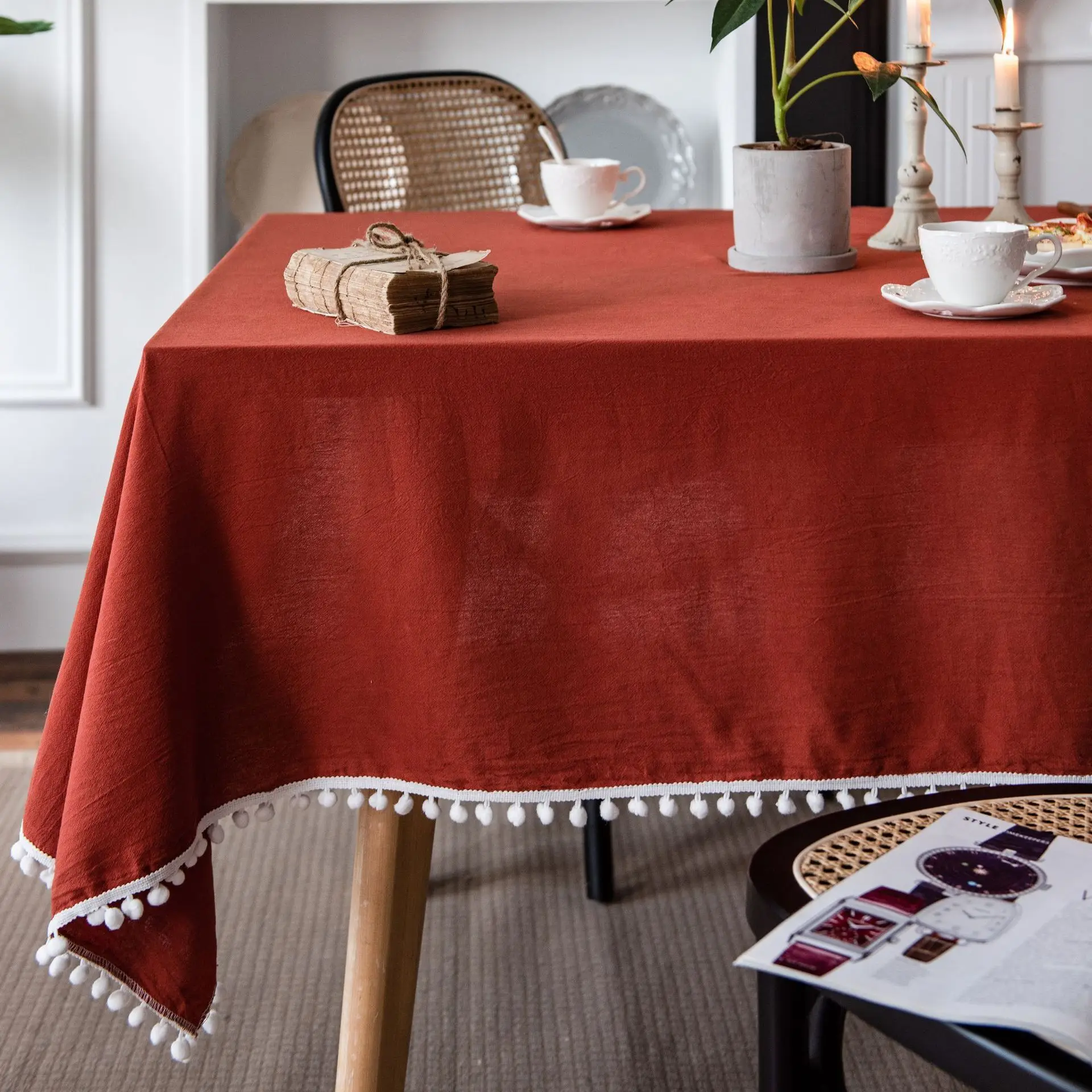 Modern Red/Khaki/Gray/Yellow Tablecloth Retro Table Cloth INS Tassel Rectangle Table Cover Obrus Tafelkleed mantel de mesa