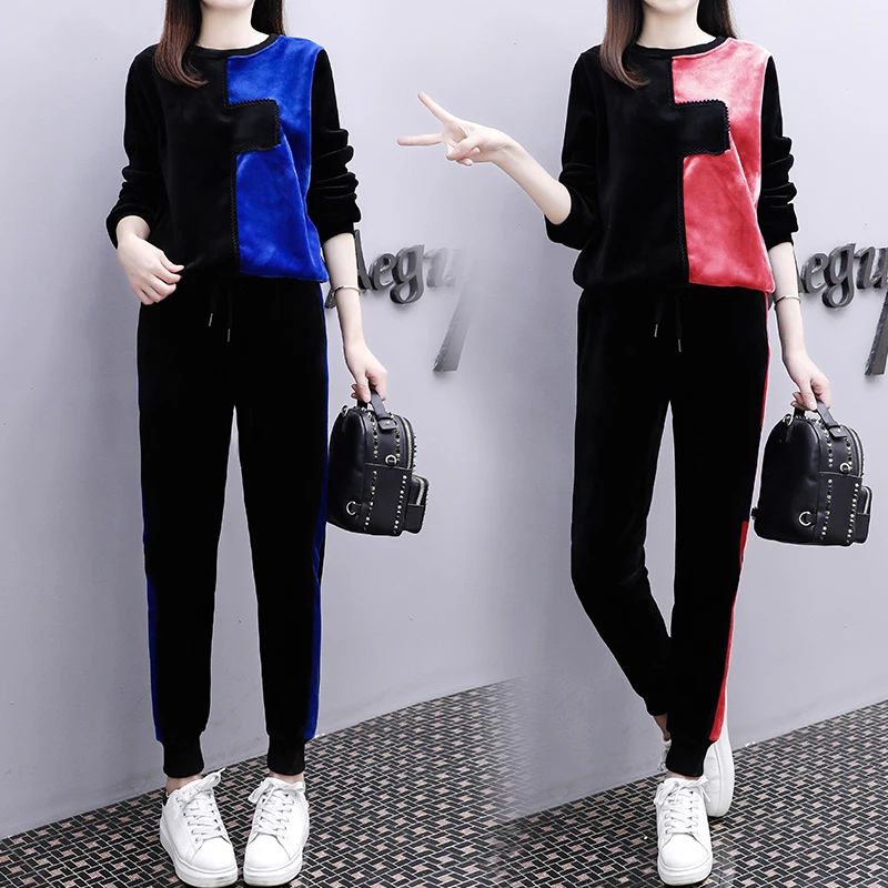 Спортивный костюм для женщин золотистый бархат 2019 Осень зима новый повседневный