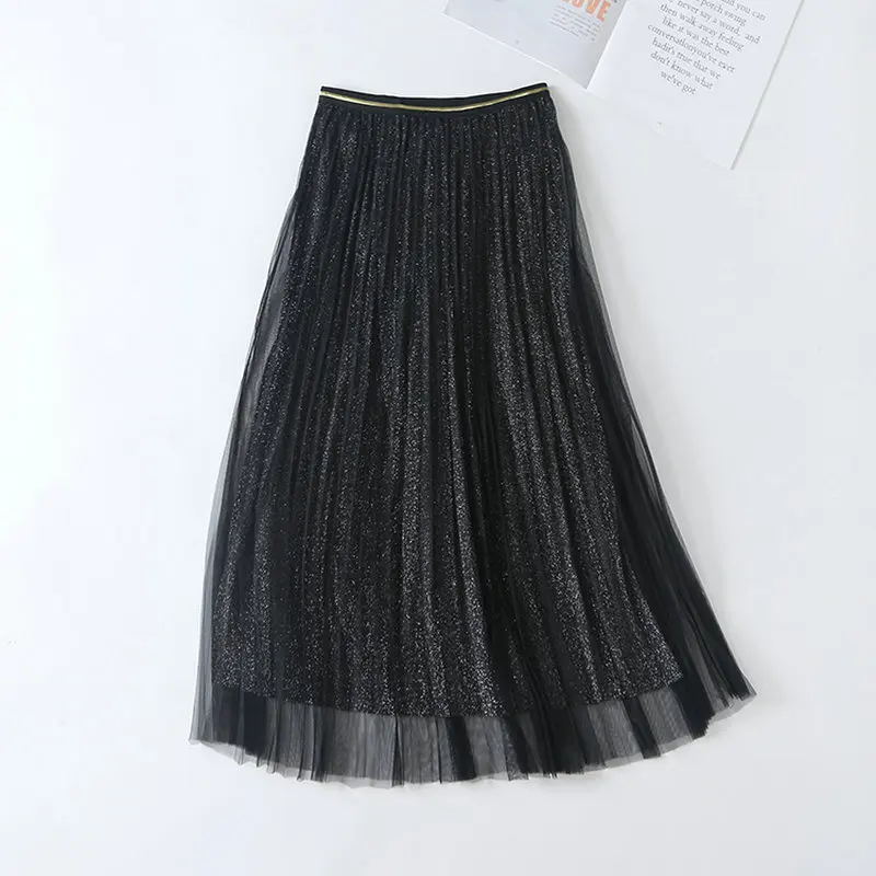 

Korean Style Bling Fabric Pleated Gauzy Skirt Women Spring Summer Black Gray Pink Beige Small Sequined Chic Classy Mesh Skirts