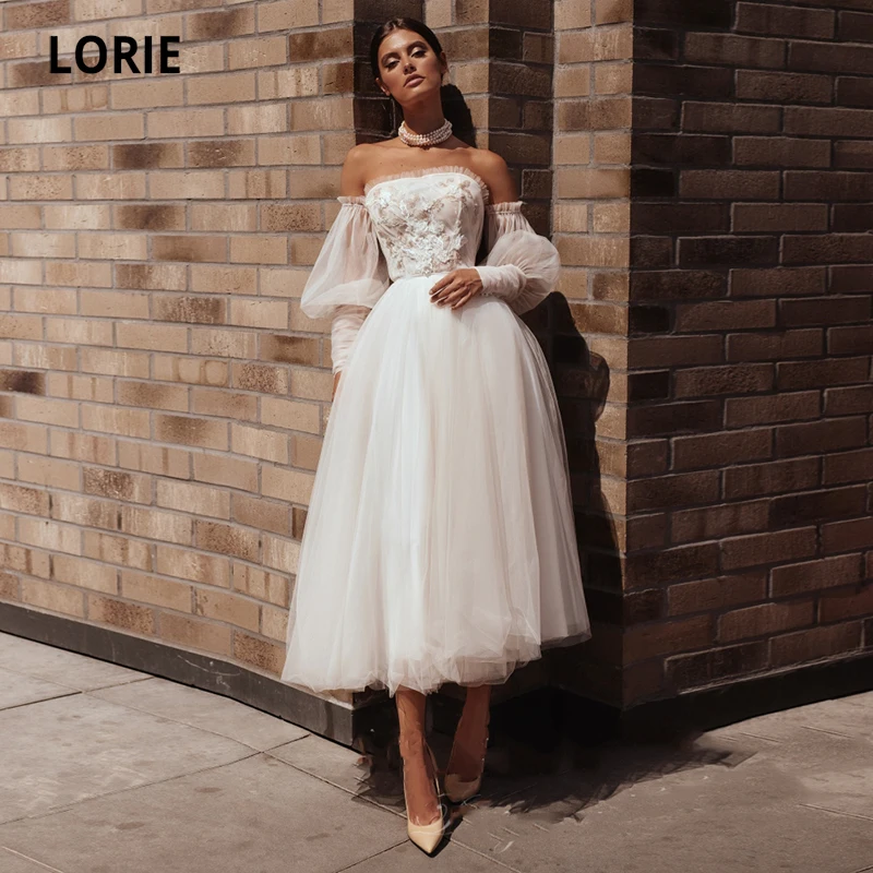 

LORIE Vintage Short Wedding Dresses Boho Strapless Appliques Tea Length Wedding Gown Detachable Puff Sleeves Tulle Bride Gowns