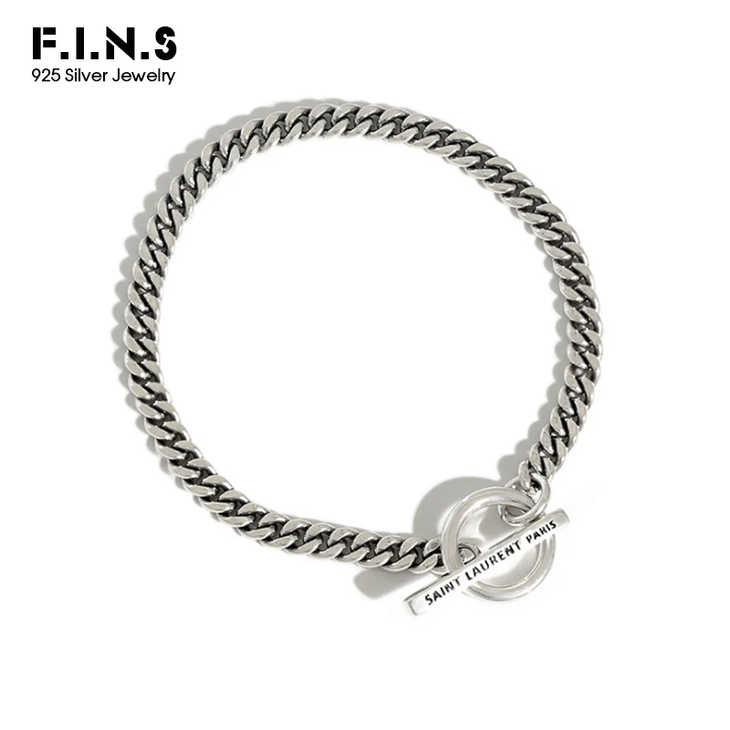 

F.I.N.S Korean S925 Sterling Silver Bracelet Retro Old Geometric Circle Bar Link Chain Bracelet Silver Female Costume Jewelry