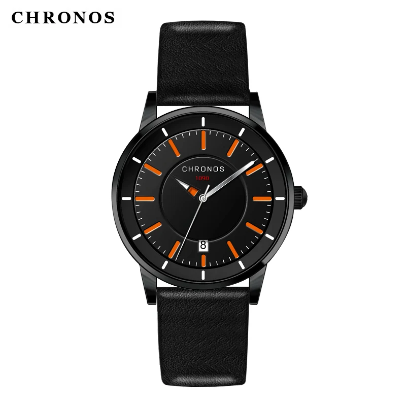 Мужские часы CHRONOS черный кожаный ремешок водонепроницаемые Классические