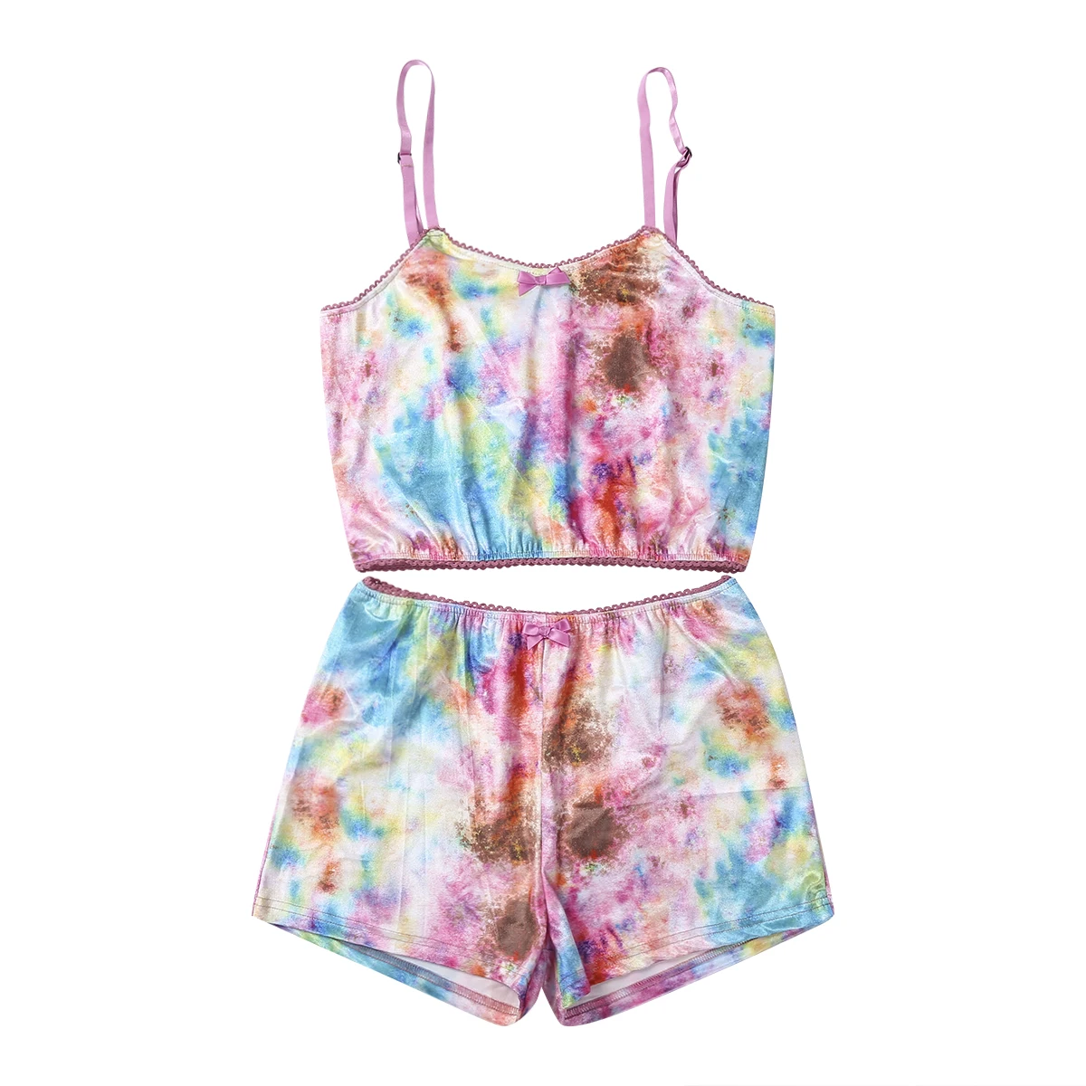 

2PCS Women Sleeveless Pyjamas Spaghetti Straps Tie-dye Vest and Elasticated Waist Shorts set Sleepwear