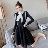 2020 hot spring autumn women dress slim preppy style bow long sleeve high waist fashion female bing black dress white dresses