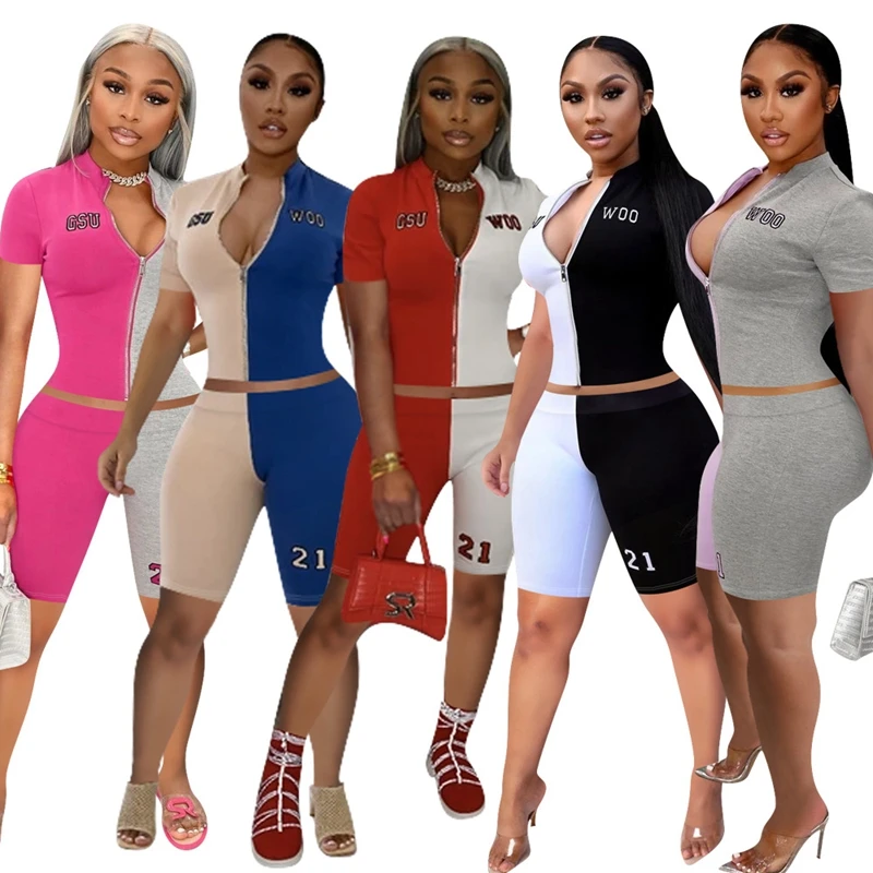 ZKYZWX Patchwotk Two Piece Set Short Sleeve Zip Tops Letter Print Biker Shorts Sexy Club Outfits for Women Summer Matching Sets