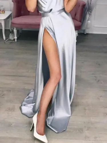 Летнее модное сексуальное однотонное красное женское вечернее длинное платье