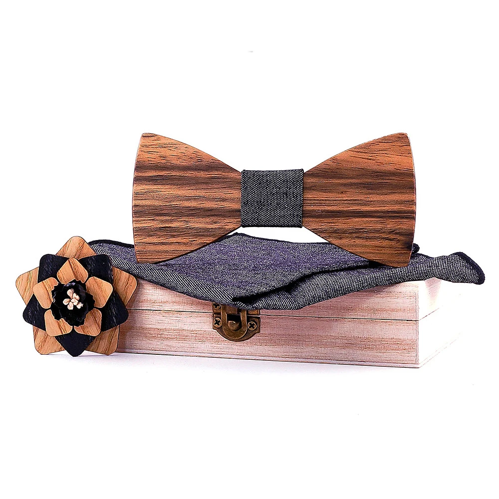 

CTB-T331 Exquisite Men's Wooden Bow Tie Set with Corsage Square in Wood Box for Weding