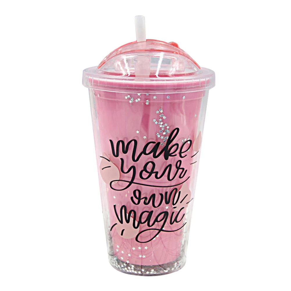 3 Hot Plastic Portable Hand-held Double Straw Cup Double Layer Student Water Cup L99 - Цвет: 3