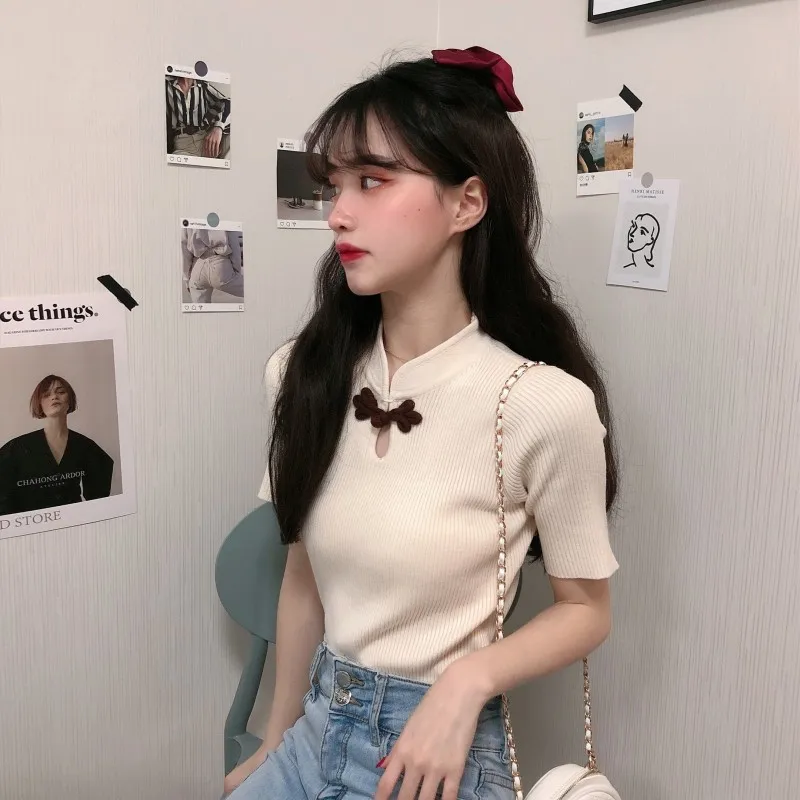 

spring summer new Women's Clothing short sleeve t-shirts hollow out button solid turtleneck vintage style fashion brand black