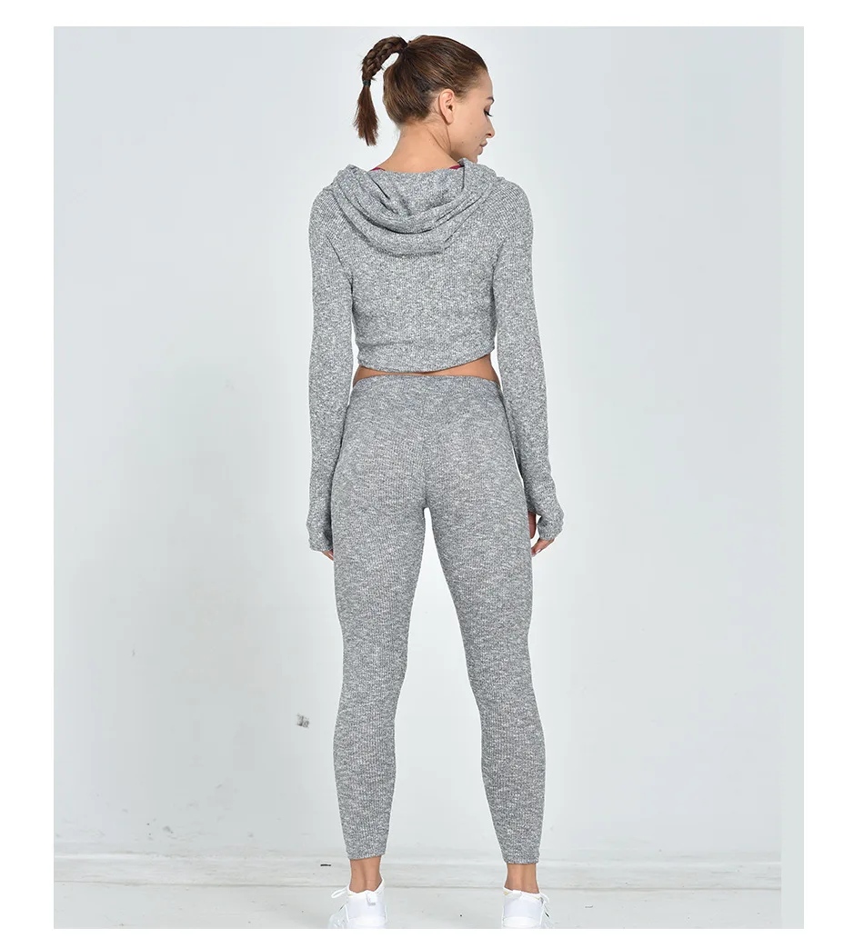 

Two Piece Set Women Fitness Sports Suit Hooded High Waist Crop Top Hips Leggings Sexy Wear Tracksuit Workout Clothe Female 2021