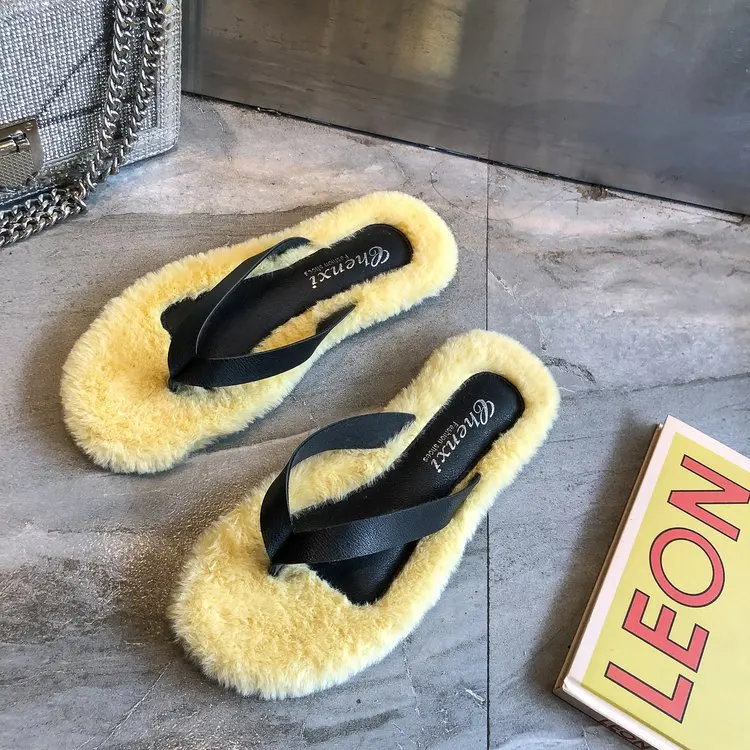 Classics Winter Women Fur Flip Flops Outside Flat Open Toe Women Shoes Solid Casual Faux Fur Slippers