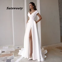 modest v neck satin wedding dress 2022 fashion short sleeve sweep train slit a line bridal dress with pockets