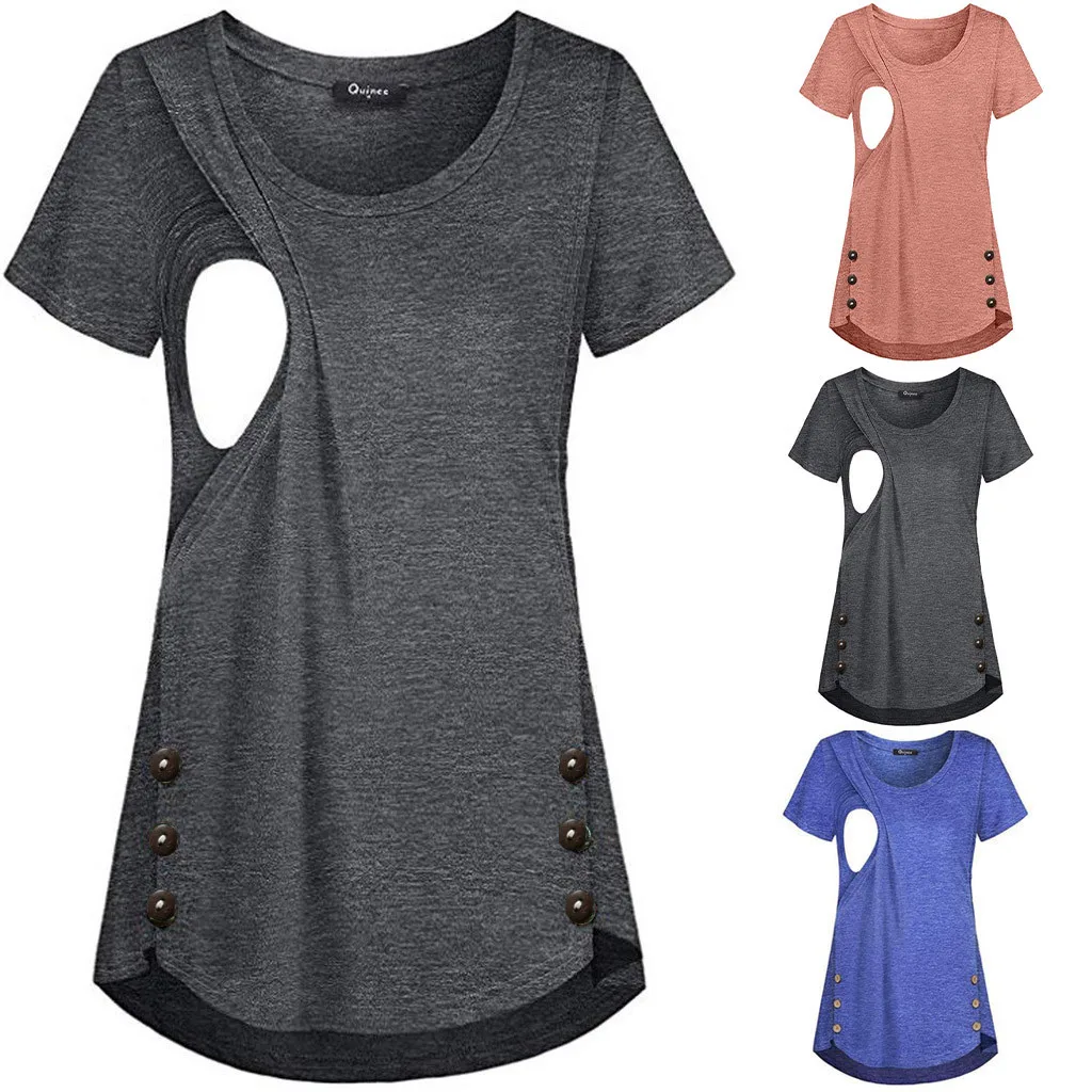 

Maternal Solid Color Cotton Lactation Short Sleeves Round Neck Button-lined Feeding T-shirt Casual Loose Women's Clothing #Z