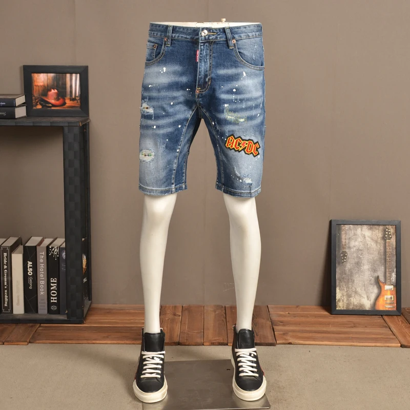 Summer Men Blue Ripped Patches Denim Shorts Fashion Casual Letter Embroidery Short Jeans