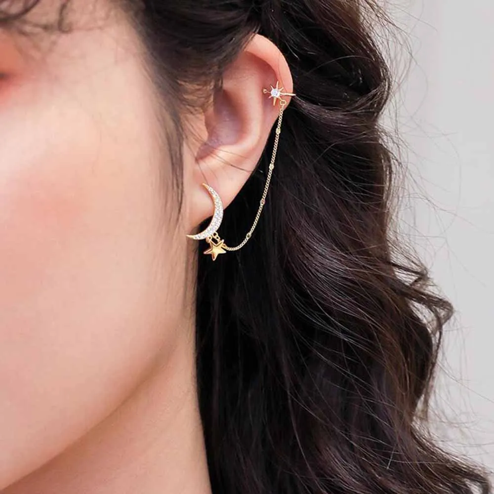 

Women's Fashion Gold Color Moon Star Clip Earrings For Girl Simple Fake Cartilage Long Tassel Ear Cuff Jewelry Accessories Gift