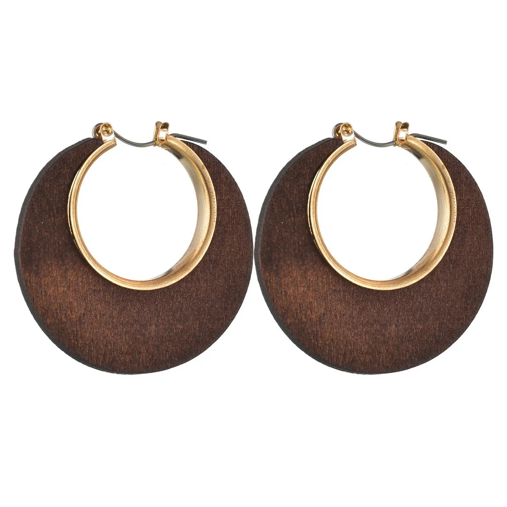

States Cross-Border New Circular Geometric Wood Ear Ring Contracted Classic Color Restoring Ancient Ways Log C Earrings