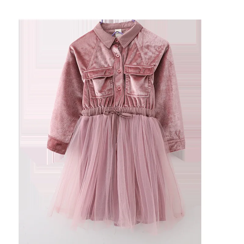 

Girls' long sleeve dress new Korean version of online celebrity Spring and Autumn Super Foreign Children's Gold Velvet Skirt