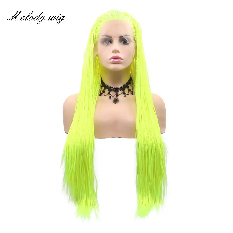 Melody Lace Front Synthetic Wigs Long Braided Box Braids Bright GreenYellow for Women Natural Looking Drag Queen Cosplay Wear