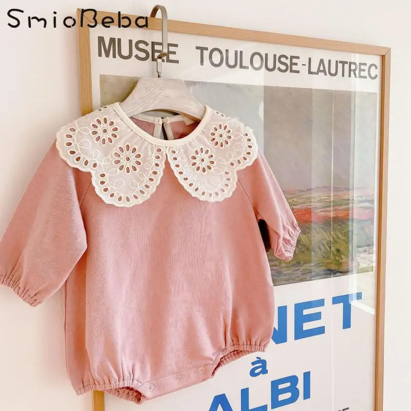 

Korean Baby Girls' Spring And Autumn Garment Rompers With Lace Turn Down Collar Sweet Pink Jumpsuits Newborn Infant Jumpsuit Kid