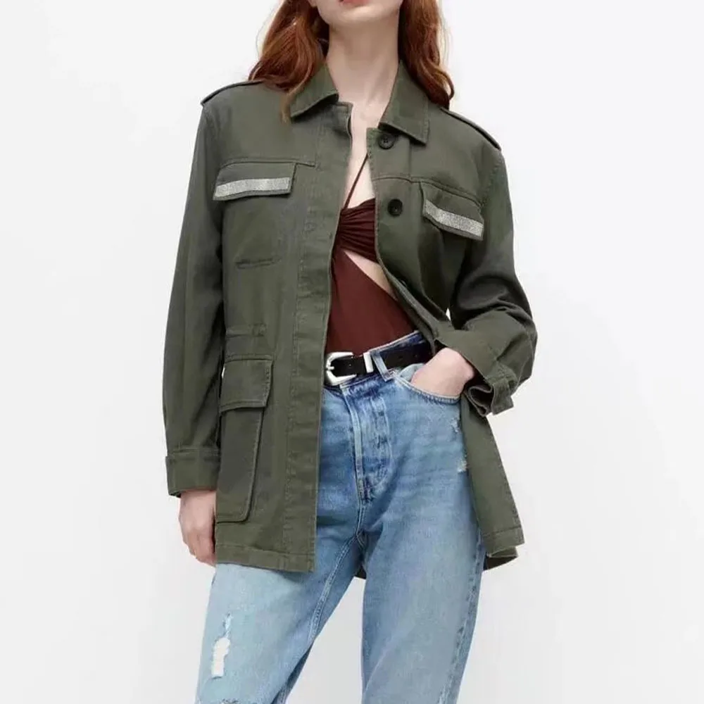 

ZA spring and autumn new women's pockets casual single-breasted solid color lapel lapel long-sleeved denim jacket