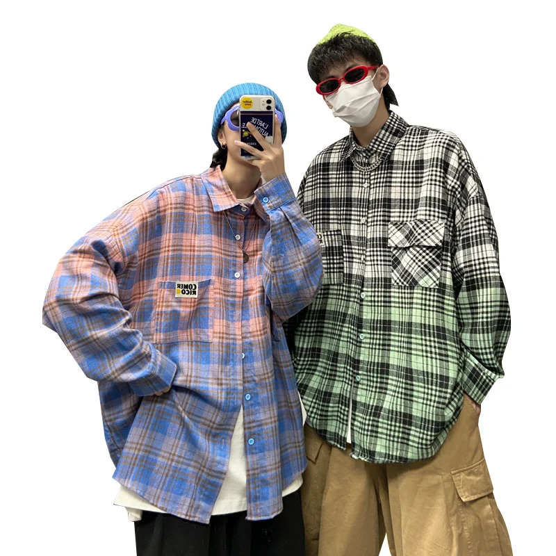 

Plaid Shirt Men's long sleeve loose Street gradient shirt fashion brand ins tie dye 2021 spring and autumn couple's coat