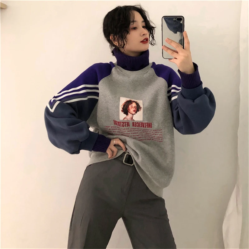 

2021 Hoodie Sweatshirt Women Winter Oversize Tops Fashion Pattern Printed Sweatshirt Autumn Turtleneck Outerwear Warm Pullover