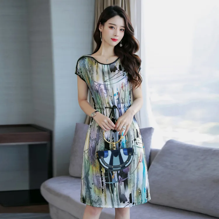 

Silk dress women's 2021 summer new fashion temperament middle aged and elderly large size mother silk skirt