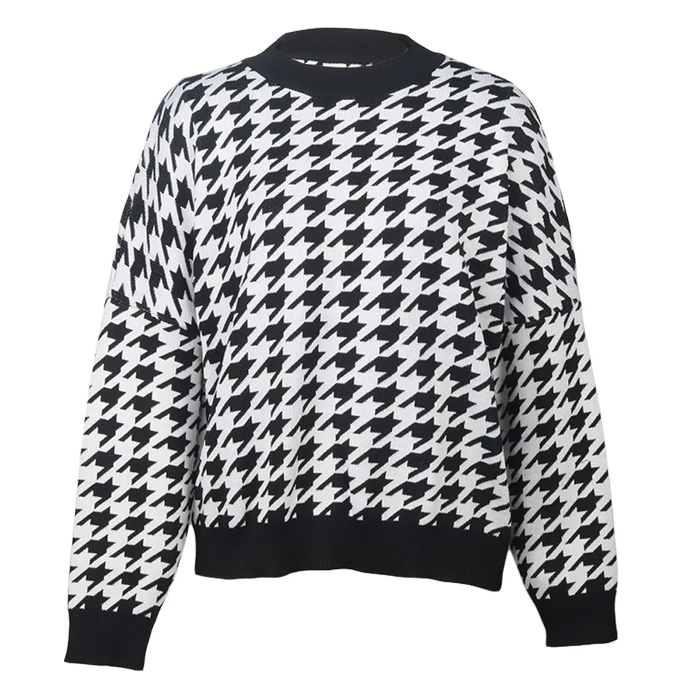 

Houndstooth Knitwear New Autumn Winter Women's Vintage Long Sleeve Round Neck Knitted Sweater Geometry Plaid Black Pullover Tops