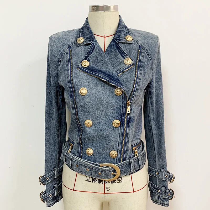 

Women Double Breasted Denim Jacket Spring Autumn Thick Zipper Belt Casual Jeans Jacket