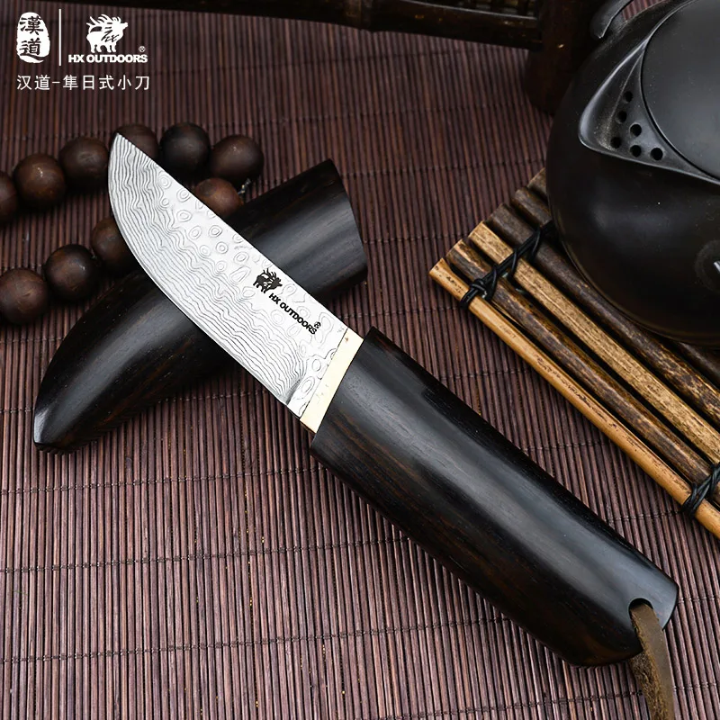 Нож из дамасской стали клинок с черной ручкой для кемпинга и пешего туризма