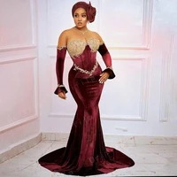 arabic burgundy lace mermaid evening dress 2021 scoop sheer neck aso ebi velvet prom dress long sleeves party wear vestidos