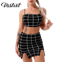 women summer casual plaid two piece set spaghetti strap lace up back crop top with split sides mini skirt
