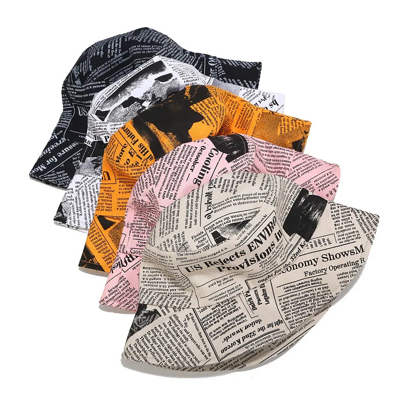 

Ins New Spring Summer Fashion Black White Letter Newspaper Pattern Men Cotton Bucket Hats Woman Lady Fisherman Caps ZZ-475