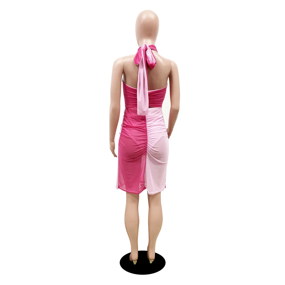 

Sheer Mesh Color Block Elegant Midi Dress Women Sexy Off Shoulder Backless Pencil Dresses Office Lady Halter Neck Cut Out Dress