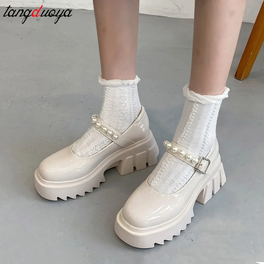 

Pearl Small leather shoes women 2021 autumn models Mary Jane shoes women's Japanese high heels retro platform lolita shoes white