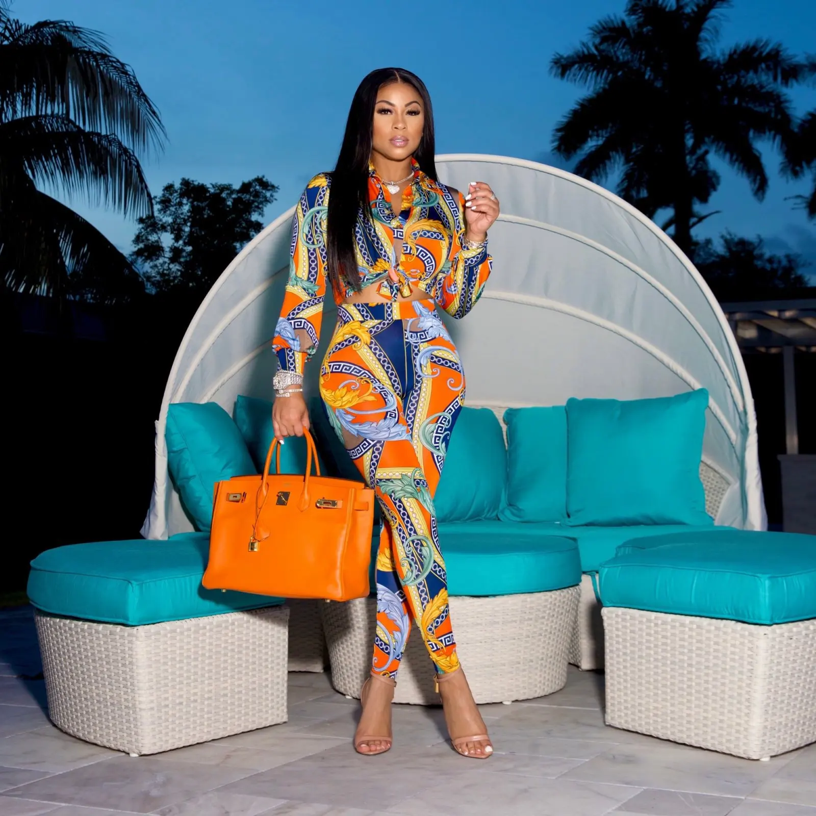 

2021 Ladies Casual Colorful Printed Shirt + Pants Sexy Club Clothing Elegant Stretch Tight Ladies Two-Piece Set