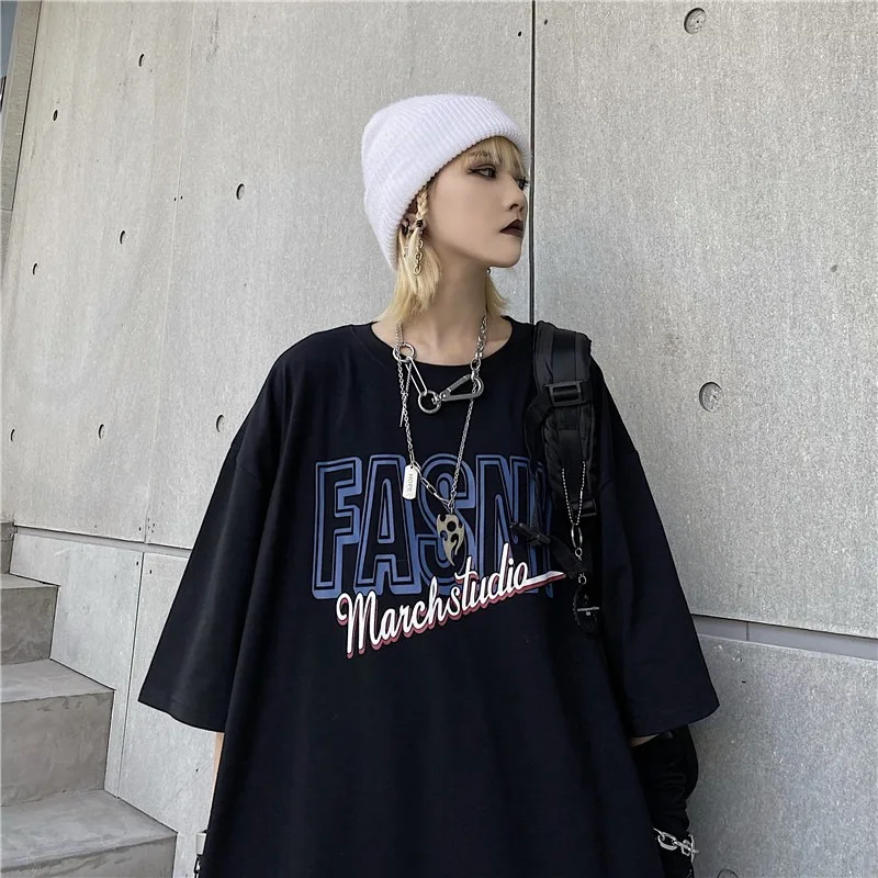 Черная Женская летняя футболка новинка 2021 уличная мода в гонконгском стиле с