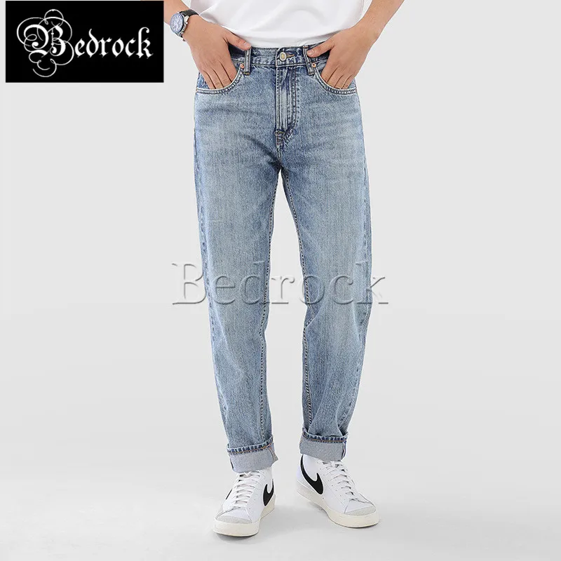 MBBCAR 11oz jeans for men 2021 casual retro distressed light blue snowflake white selvedge slim washed raw denim jeans 7321