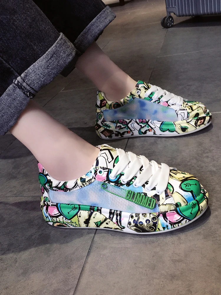 

Fashion trend graffiti casual shoes spring and summer new thick-soled net yarn breathable sports women's shoes